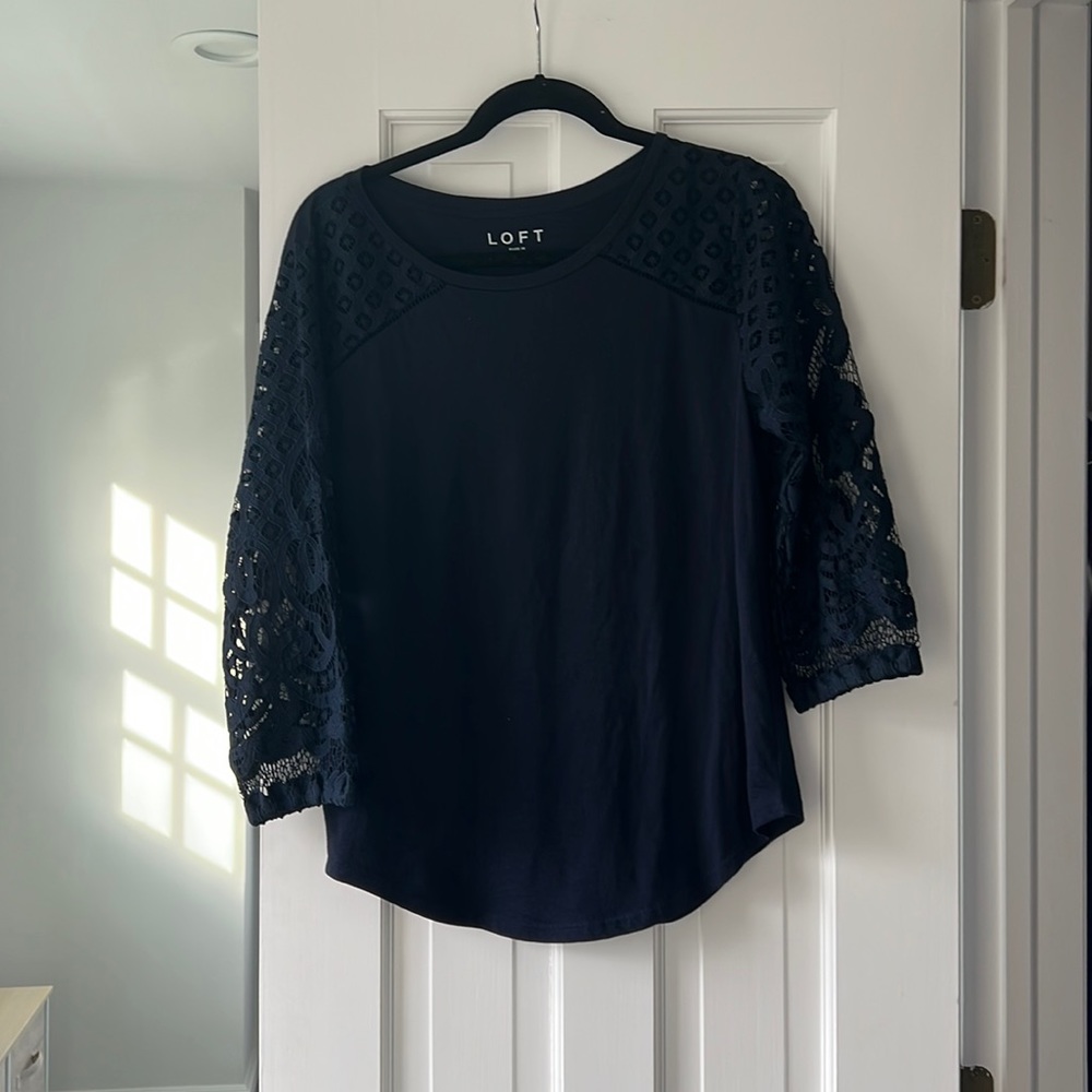 Ann Taylor Loft Navy 3/4th Lace Sleeved Shirt